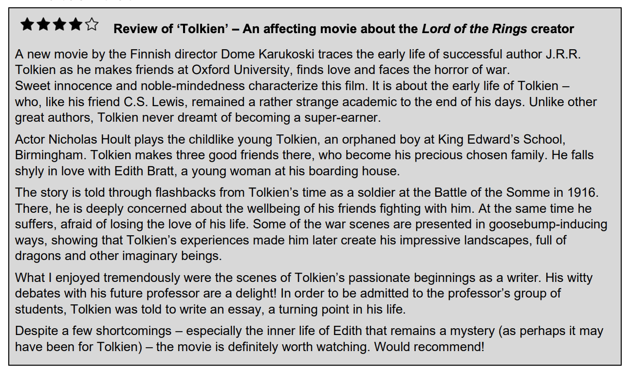 Filmkritik zu Tolkien mit Bewertung und Textabschnitten